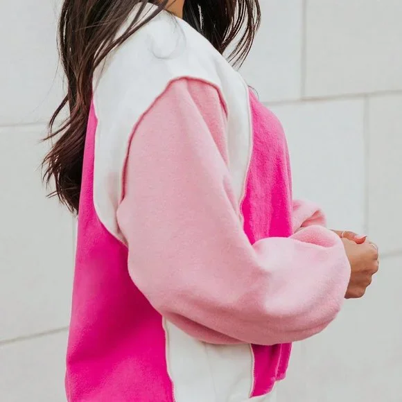 Pink Casual Womens Colorblock Lantern Sleeve Sweatshirt - Picture 4 of 5